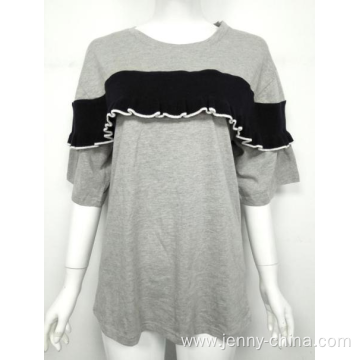 Grey mid-sleeve ruffle design leisure wear t-shirt